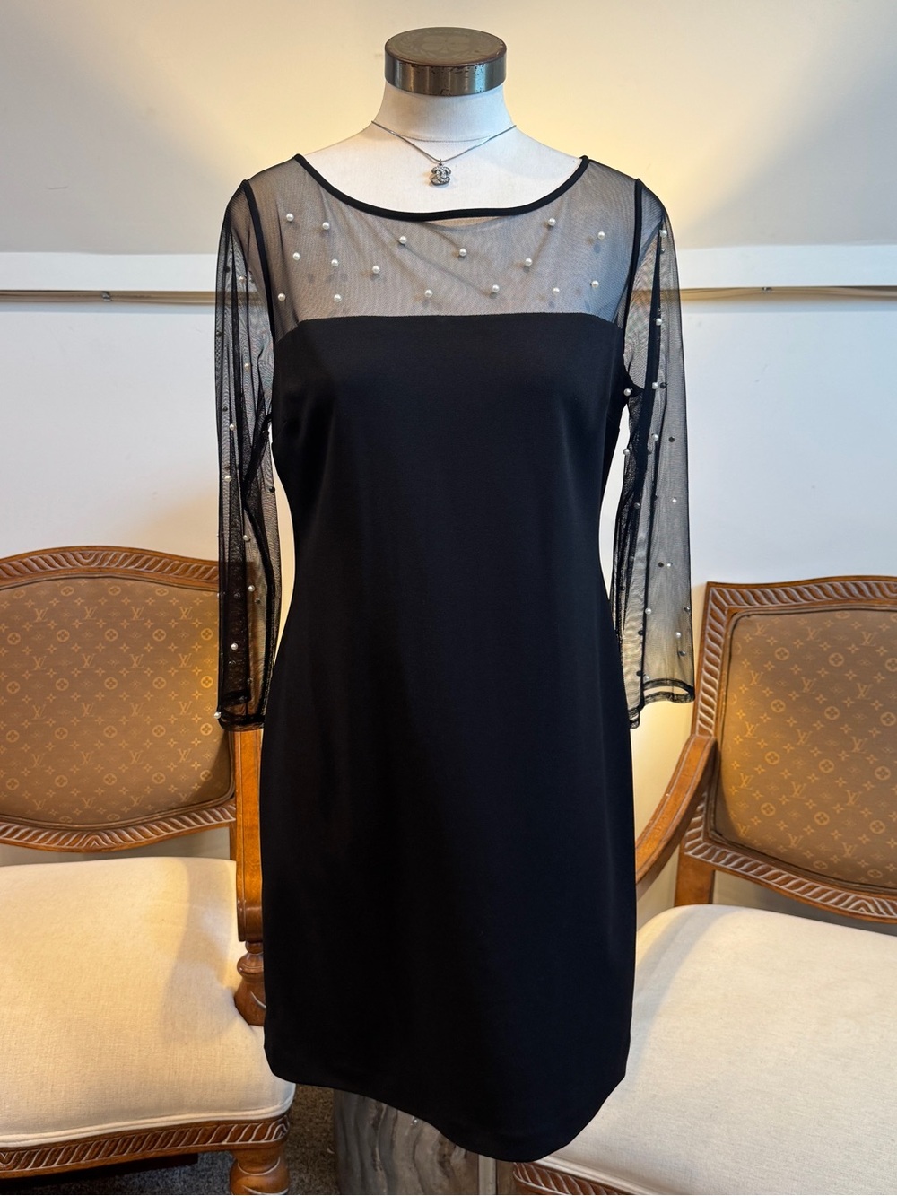 Karl Lagerfeld Black Mesh Pearl-Embellished Long Sleeve Dress 8 Bow Detail